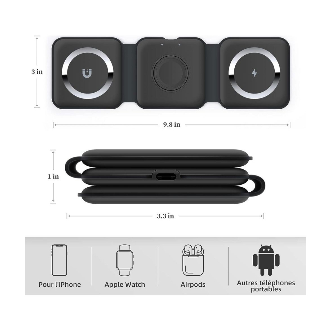 Chargeur sans fil 3 en 1 MagSafe 15W - Noir | VOG IMPORT