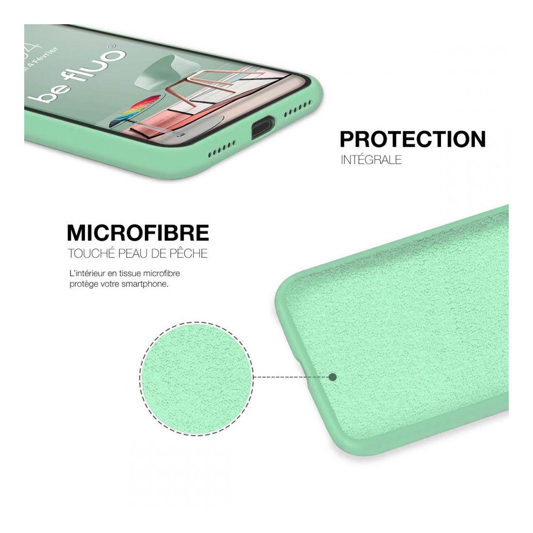 Coque silicone Moxie BeFluo fine et légère, intérieur microfibre, pour iPhone - Menthe poivrée