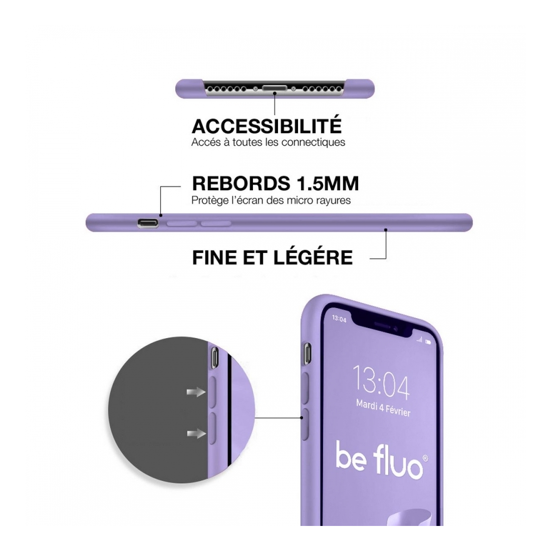 Coque silicone Moxie BeFluo fine et légère, intérieur microfibre, pour iPhone - Lilas