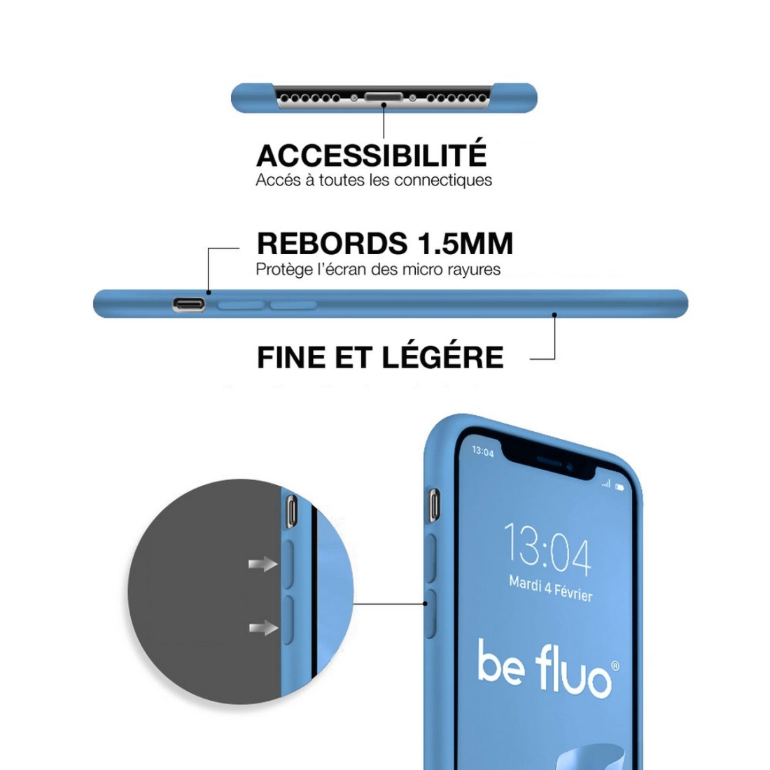 Coque silicone Moxie BeFluo fine et légère, intérieur microfibre, pour iPhone - Bleu acier