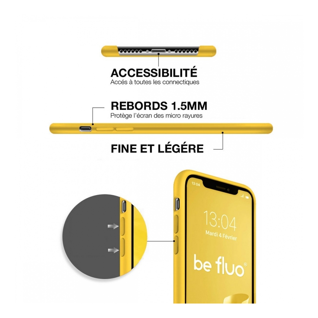 Coque silicone Moxie BeFluo fine et légère, intérieur microfibre, pour iPhone - Jaune