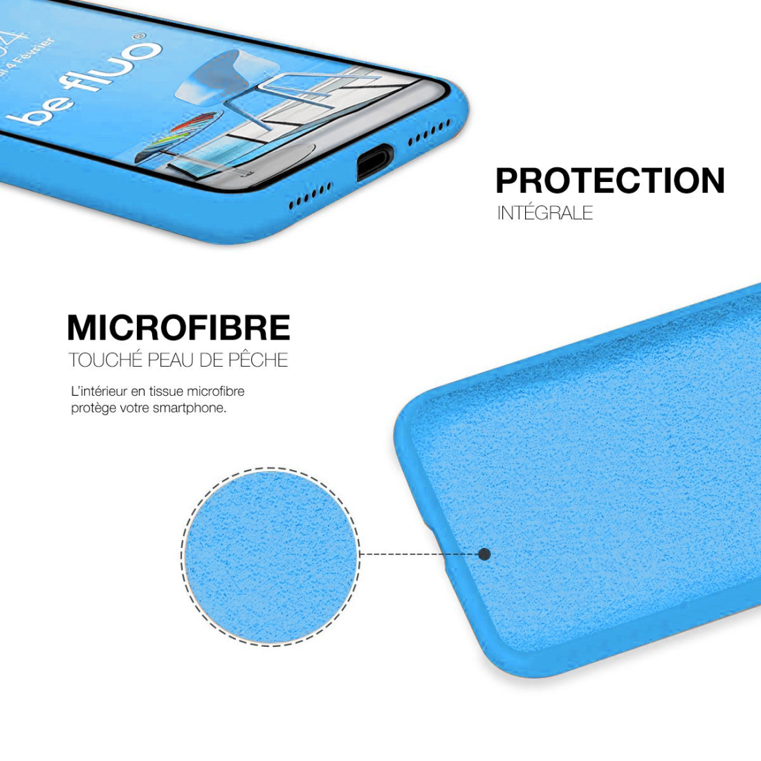Coque silicone Moxie BeFluo fine et légère, intérieur microfibre, pour iPhone - Bleu clair