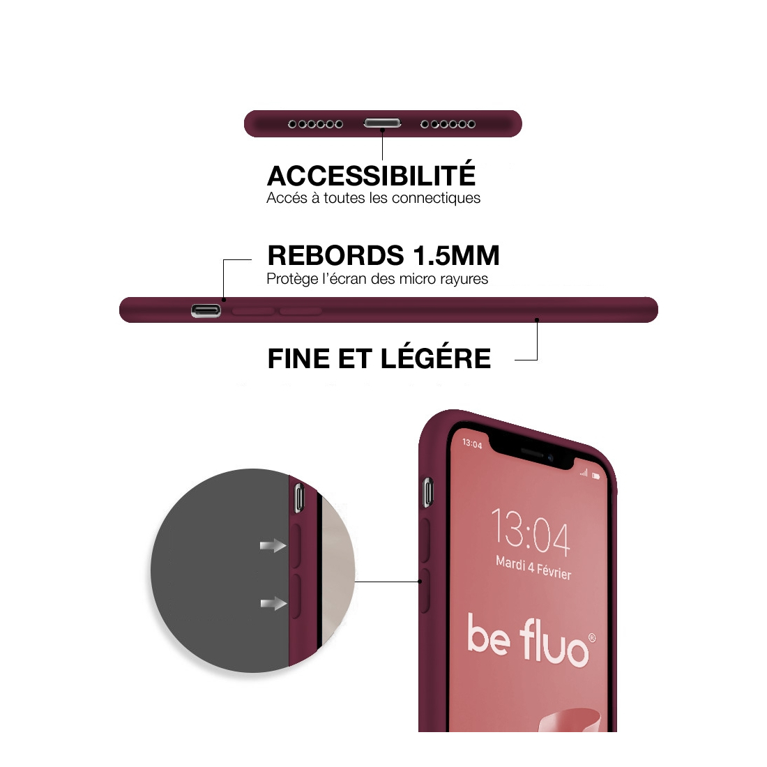 Coque silicone Moxie BeFluo fine et légère, intérieur microfibre, pour iPhone - Lie de vin