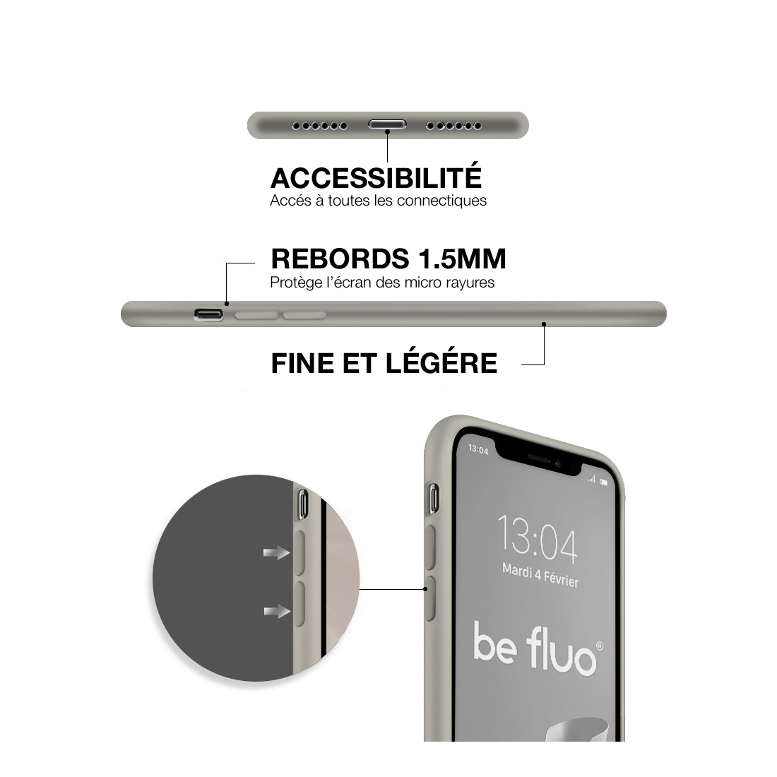 Coque silicone Moxie BeFluo fine et légère, intérieur microfibre, pour iPhone - Gris nardo