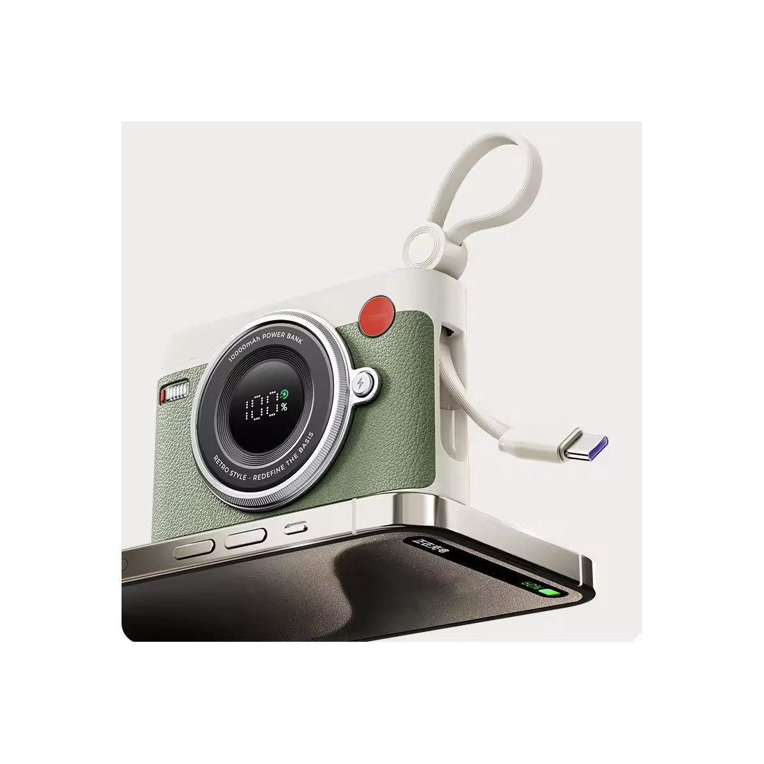 Batterie de secours 10 000 mAh retro style appareil photo - vert