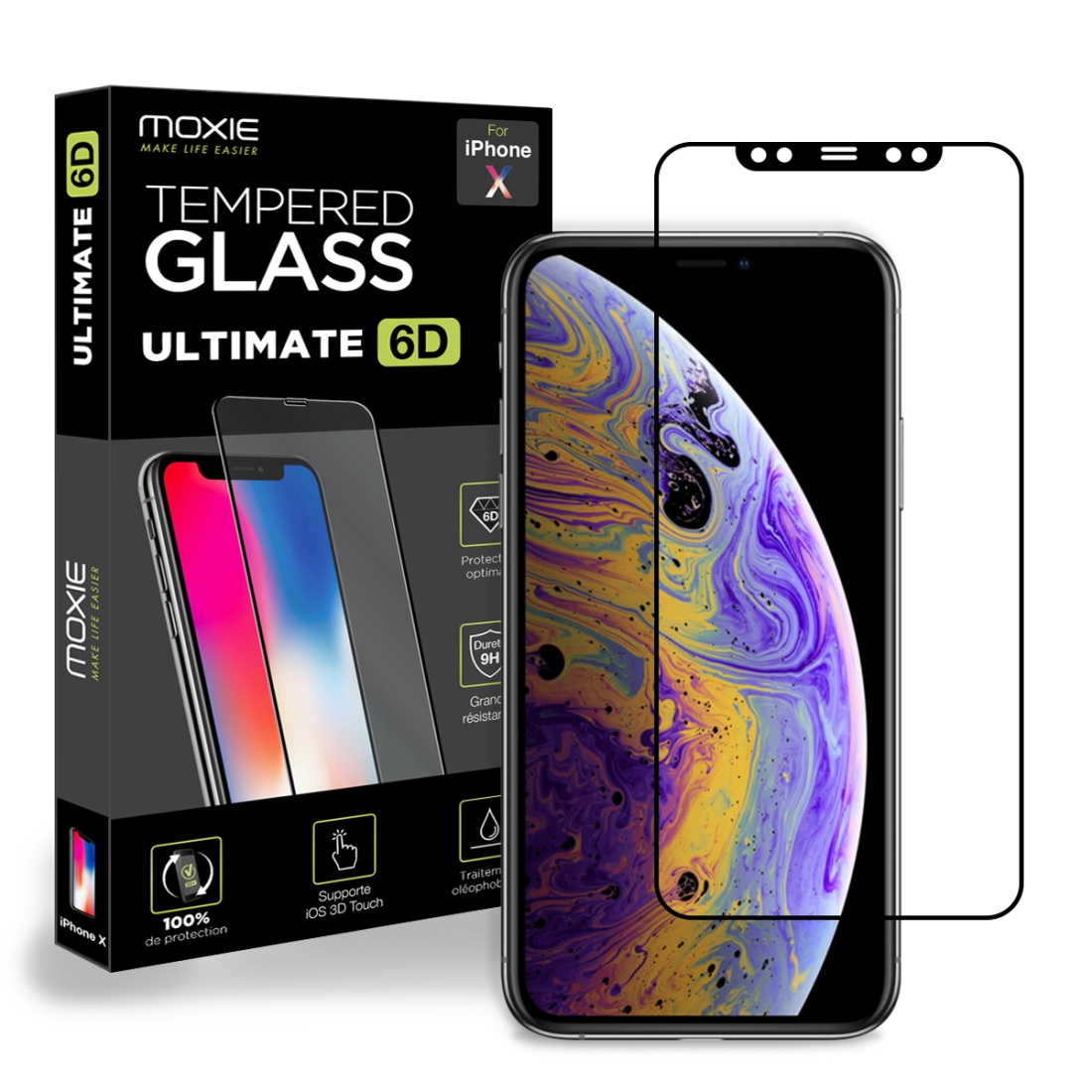 Protection d'écran iPhone X en Verre Trempé, Moxie [Ultimate 6D] [Full Glass 0.15mm 9H] Film en Verre Trempé pour iPhone X [Blac