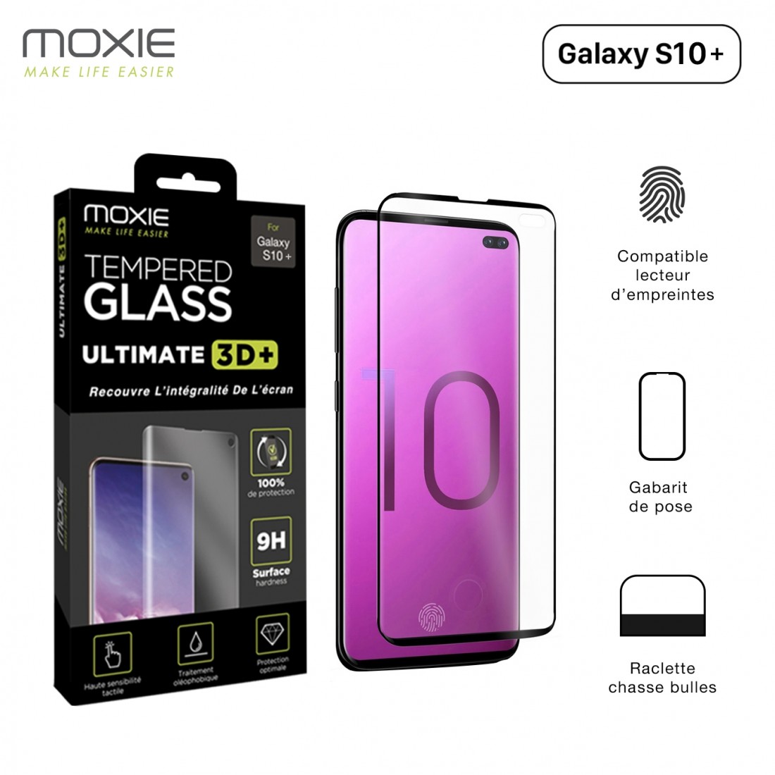 Moxie Protection d'écran Samsung Galaxy S10 Plus / S10+ en verre trempé compatible lecteur d'empreintes avec kit applicateur [Ul