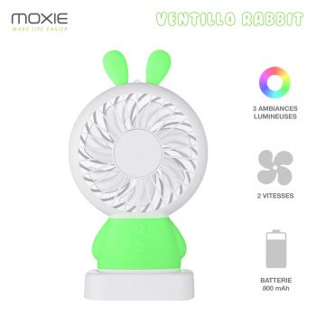 Moxie Mini Ventilateur [Rabbit Fan] Ventilateur Portatif à 2 Vitesses, Batterie de 800mAh Intégrée, Ventilo Lumineux avec Dragonne, Oreilles de Lapin - Vert