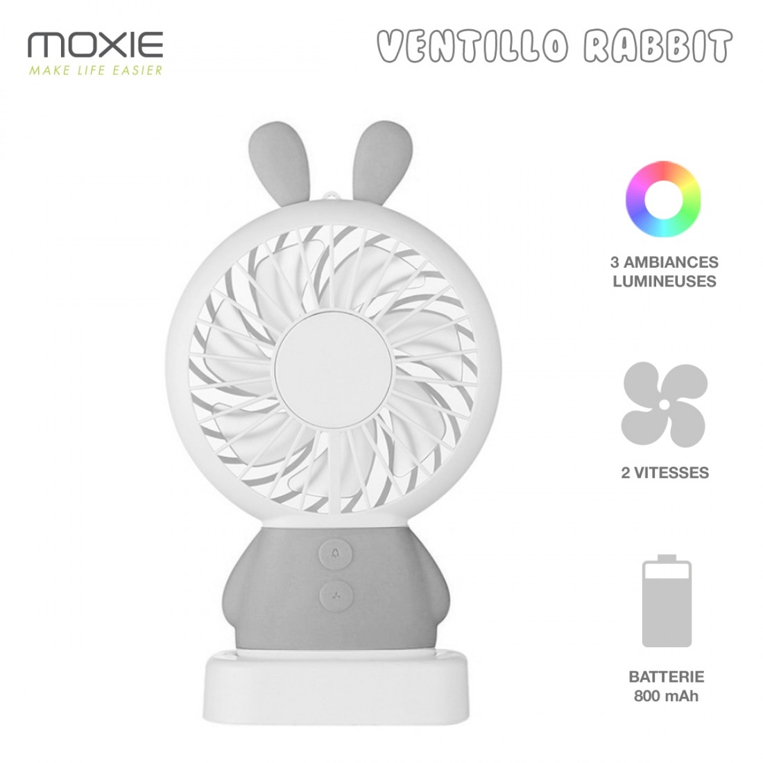 Moxie Mini Ventilateur [Rabbit Fan] Ventilateur Portatif à 2 Vitesses, Batterie de 800mAh Intégrée, Ventilo Lumineux avec Dragon