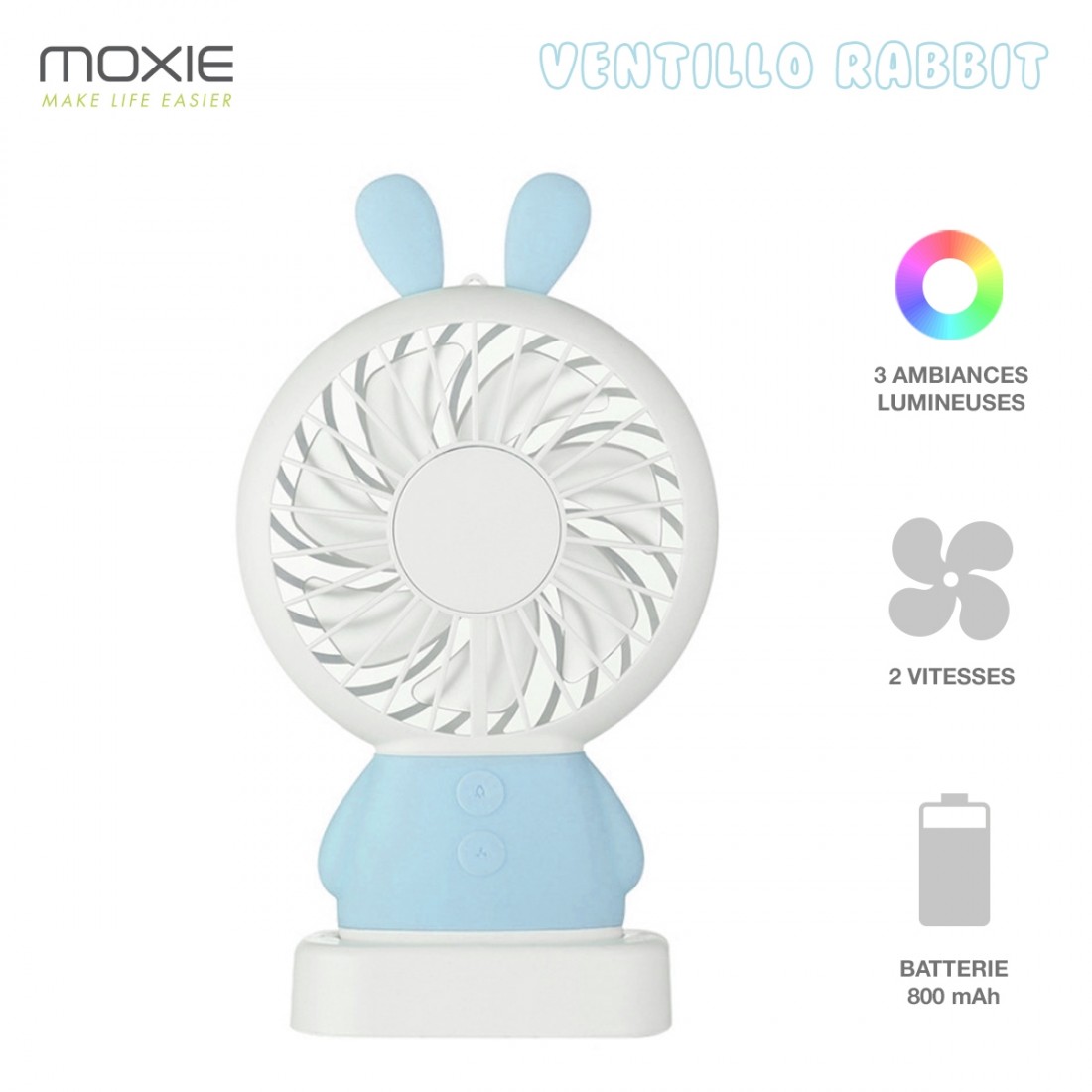 Moxie Mini Ventilateur [Rabbit Fan] Ventilateur Portatif à 2 Vitesses, Batterie de 800mAh Intégrée, Ventilo Lumineux avec Dragon