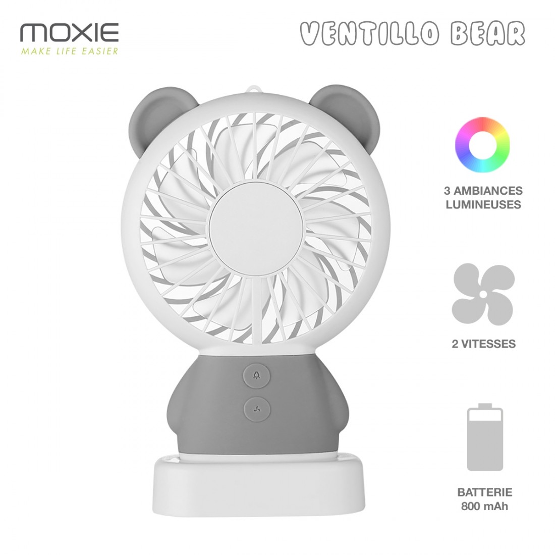 Moxie Mini Ventilateur [Bear Fan] Ventilateur Portatif à 2 Vitesses, Batterie de 800mAh Intégrée, Ventilo Lumineux avec Dragonne