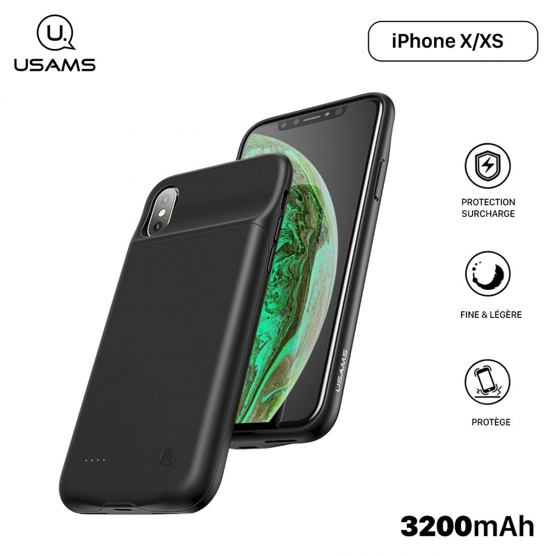 Usams Coque Batterie pour iPhone X/XS [Millie Series US-CD43] Coque Batterie 3200mAh Fine et Légère, Ultra Sécurisée pour iPhone