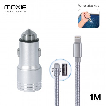 Pack Chargeur Allume Cigare 2 USB 2.4A avec 1 câble Lightning 1M, MOXIE, Chargeur voiture 2 ports USB 1M, Pointe brise vitre [Si