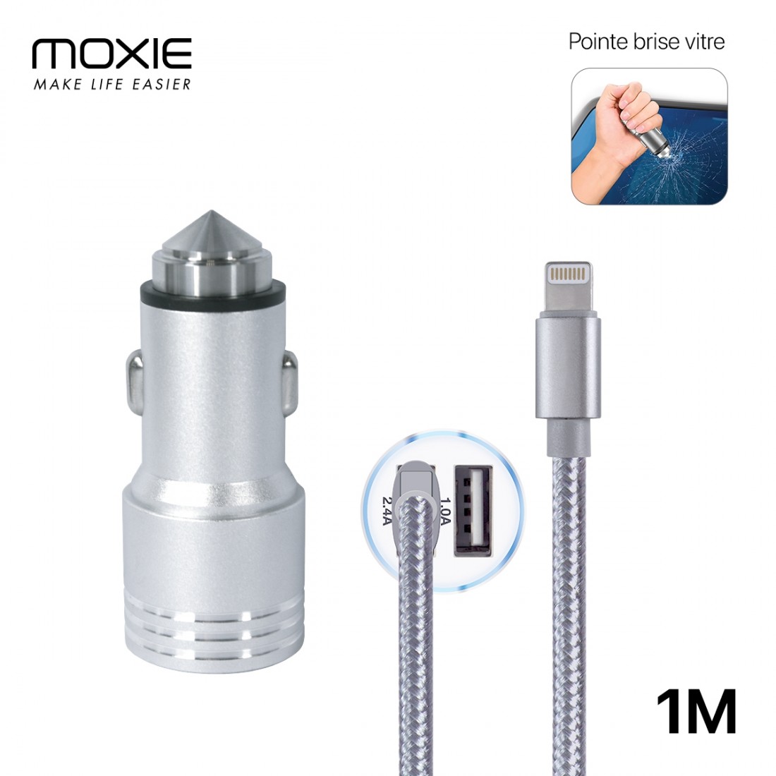 Pack Chargeur Allume Cigare 2 USB 2.4A avec 1 câble Lightning 1M, MOXIE, Chargeur voiture 2 ports USB 1M, Pointe brise vitre [Si