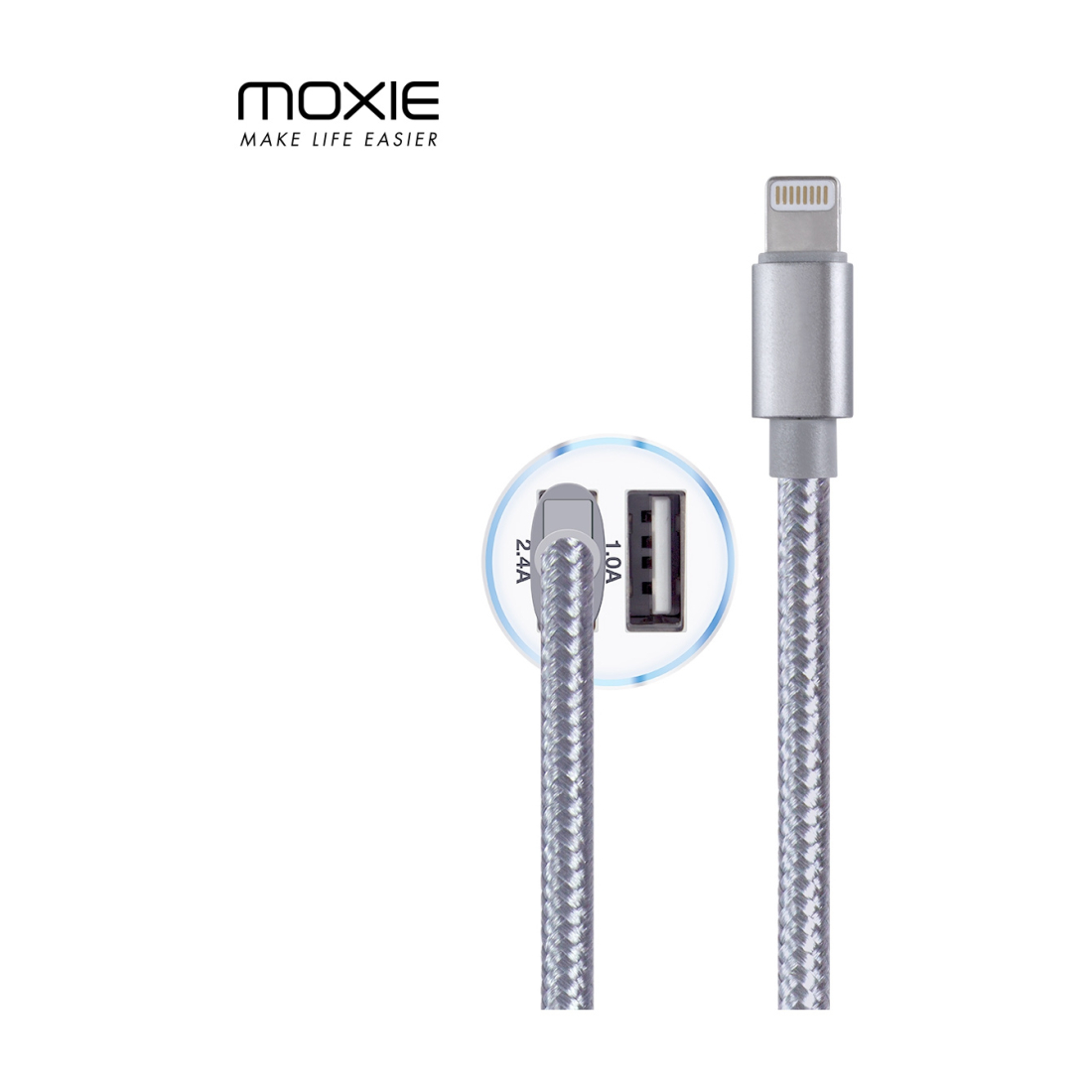 Pack Chargeur Allume Cigare 2 USB 2.4A avec 1 câble Lightning 1M, MOXIE, Chargeur voiture 2 ports USB 1M, Pointe brise vitre [Si