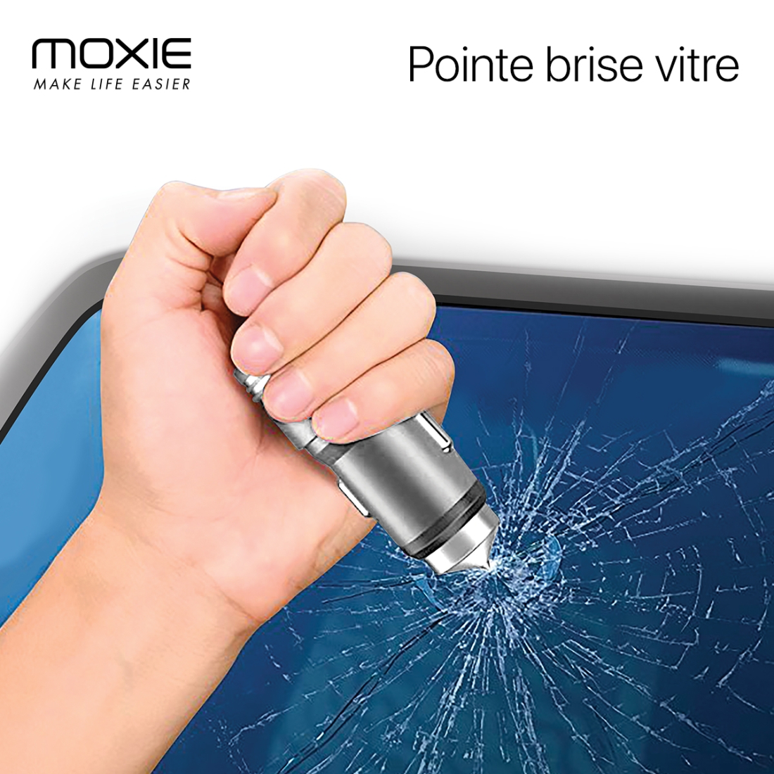 Chargeur Allume Cigare 2 USB 2.4A avec câble Lightning 2M, MOXIE, Chargeur voiture 2 ports USB 2M, Pointe brise vitre [Silver] -
