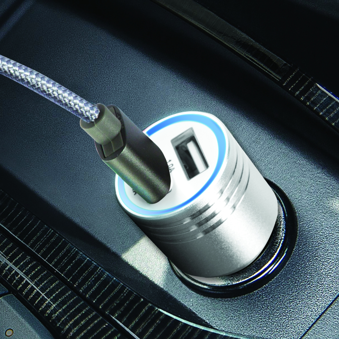 Chargeur Allume Cigare 2 USB 2.4A avec câble Lightning 2M, MOXIE, Chargeur voiture 2 ports USB 2M, Pointe brise vitre [Silver] -