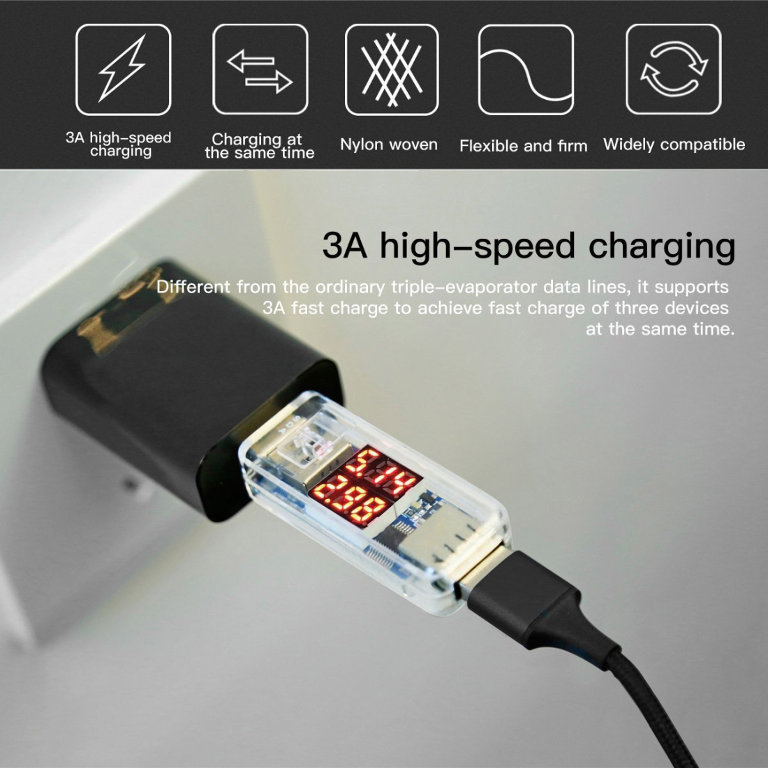 Câble 3 en 1 Moxie nylon tressé 3A 1,2 m Lightning/Micro-USB/USB-C - Argent