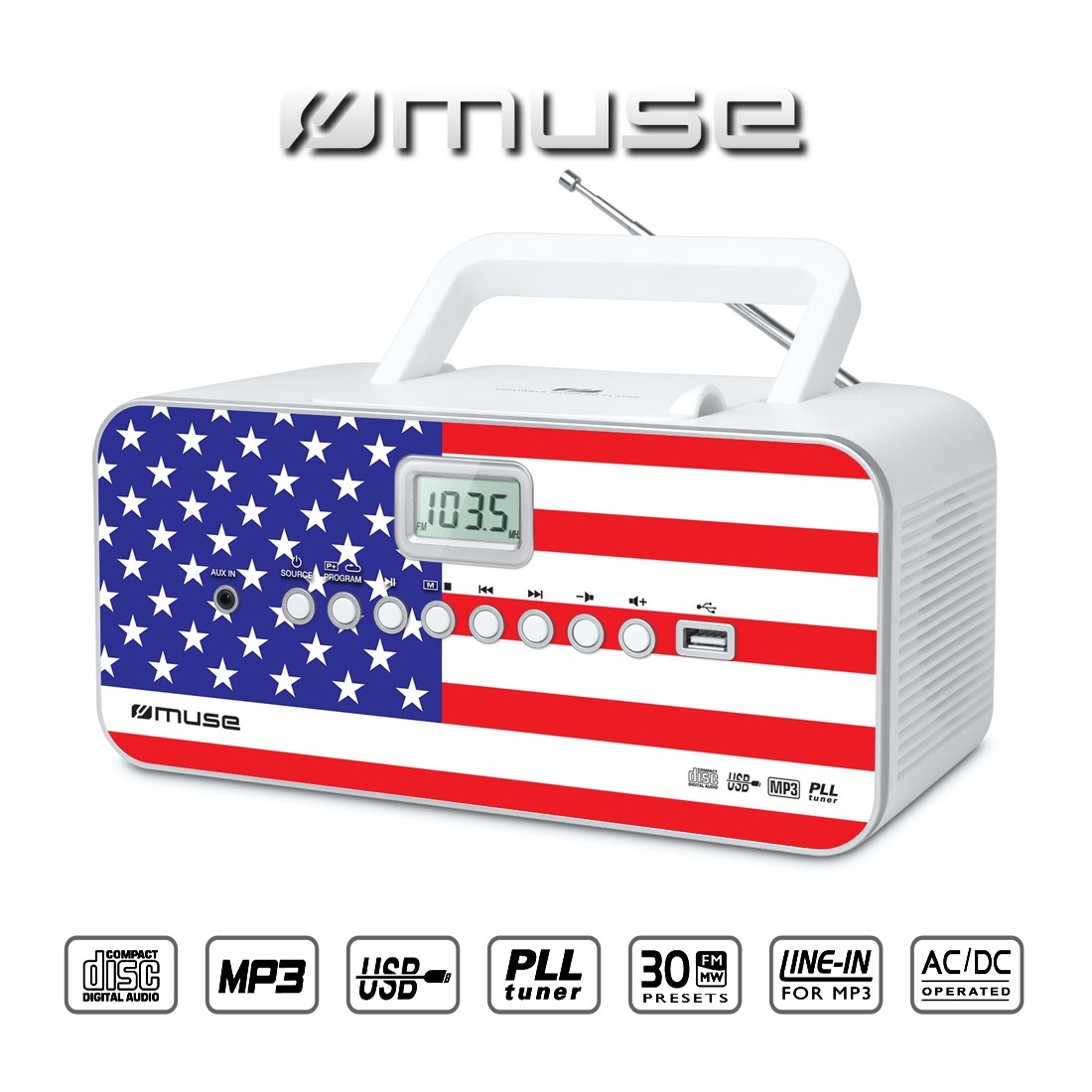 Radio CD, Muse [M-28 US] Radio CD/CD-R/RW/MP3 avec Tuner PLL AM/FM, Affichage LCD, Antenne Pivotante, Radio avec Poignée de Tran