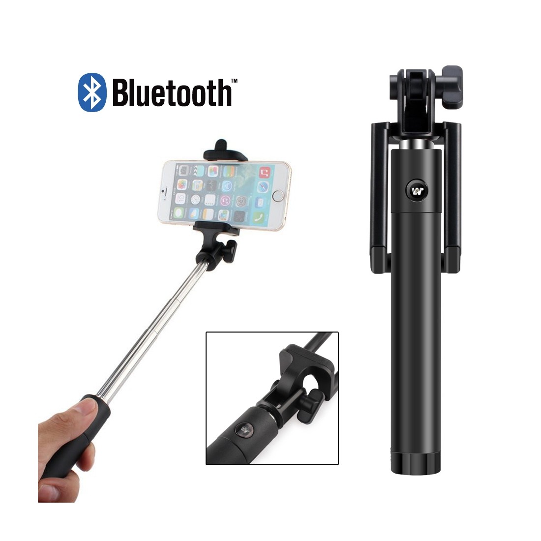 Mini Perche téléscopique Selfie Moxie Noir avec bouton Bluetooth