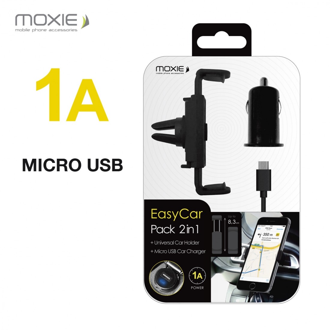 Pack Moxie EasyCar Support Universel + Chargeur Allume-Cigare 1A + Data Micro-USB