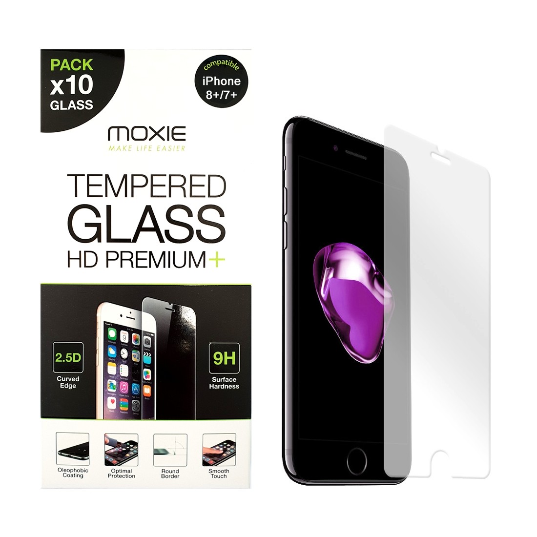 **Pack x10** Protection d'écran en verre trempé iPhone 8 Plus / 7 Plus, Moxie [Glass HD Premium+] [2.5D 9H] Film en verre vérita