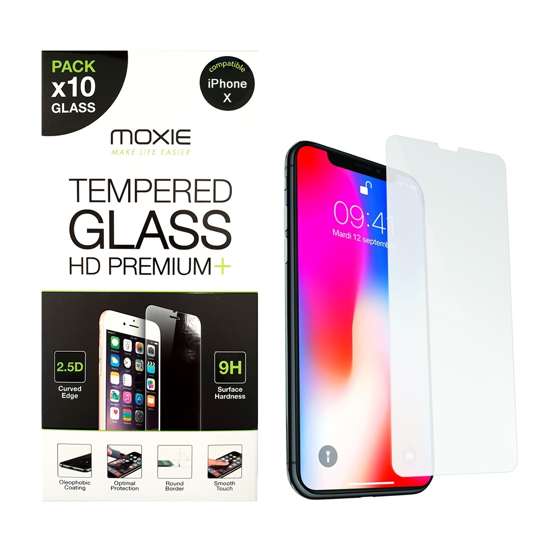 **Pack x10** Protection d'écran en verre trempé iPhone X, Moxie [Glass HD Premium+] [2.5D 9H] Film en verre véritable pour iPhon
