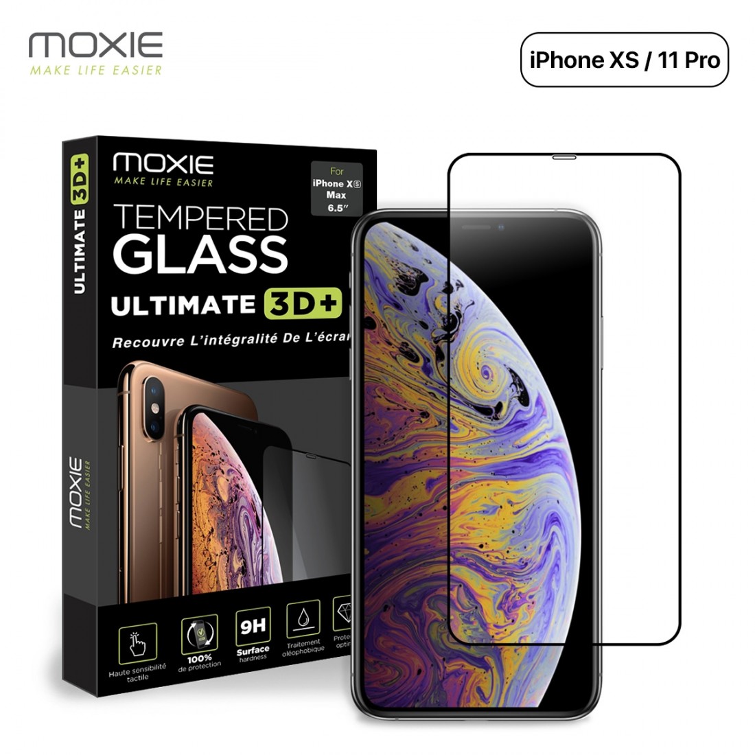 Moxie Verre Trempé iPhone X/XS 5.8" [Ultimate 3D+] Protection d'écran Complète en Verre Trempé 9H Ultra Clair, Anti-rayures et A