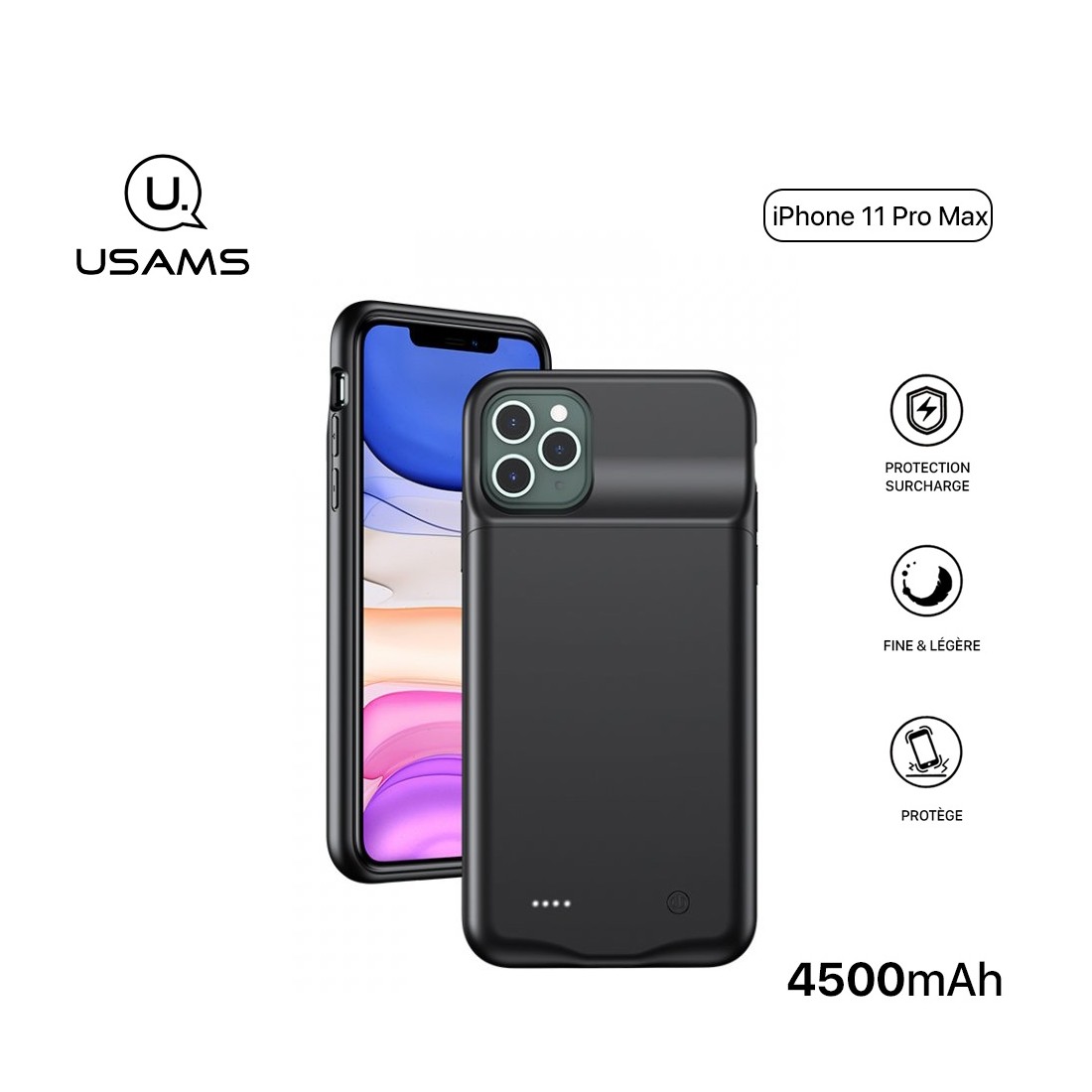 Usams Coque Batterie pour iPhone 11 Pro Max - US-CD112 -  Coque Batterie 4500mAh Fine et Légère, Ultra Sécurisée pour iPhone 11 