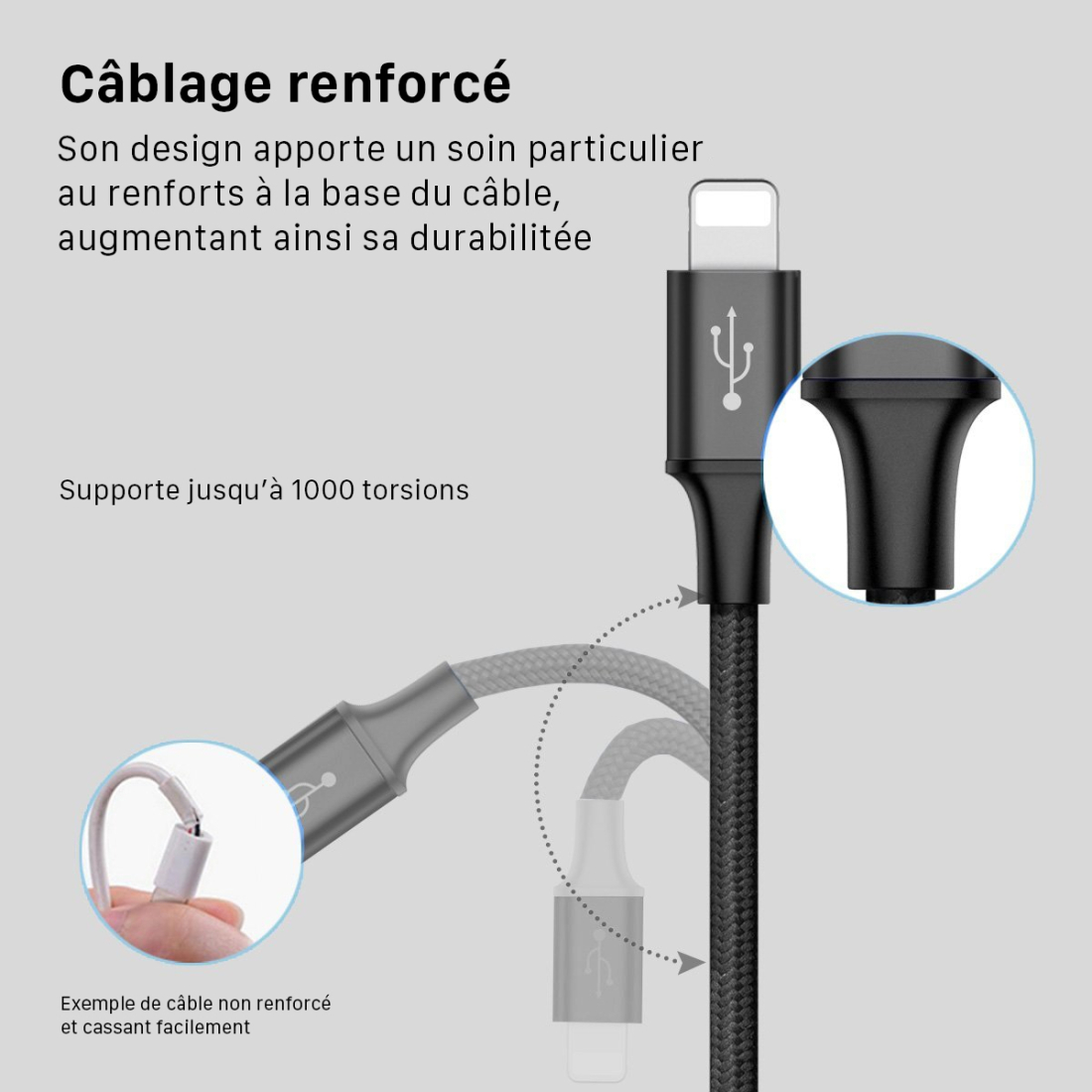 Moxie Câble 3 en 1  Lightning / Micro-USB / USB Type-C 3A 1.2M en Nylon tressé - Rouge