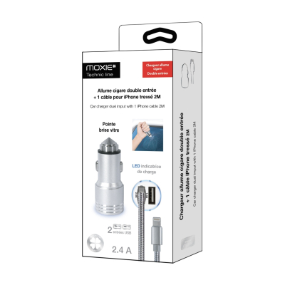 Pack Chargeur Allume Cigare 2 USB 2.4A avec 1 câble Lightning 1M, MOXIE, Chargeur voiture 2 ports USB 1M, Pointe brise vitre [Si