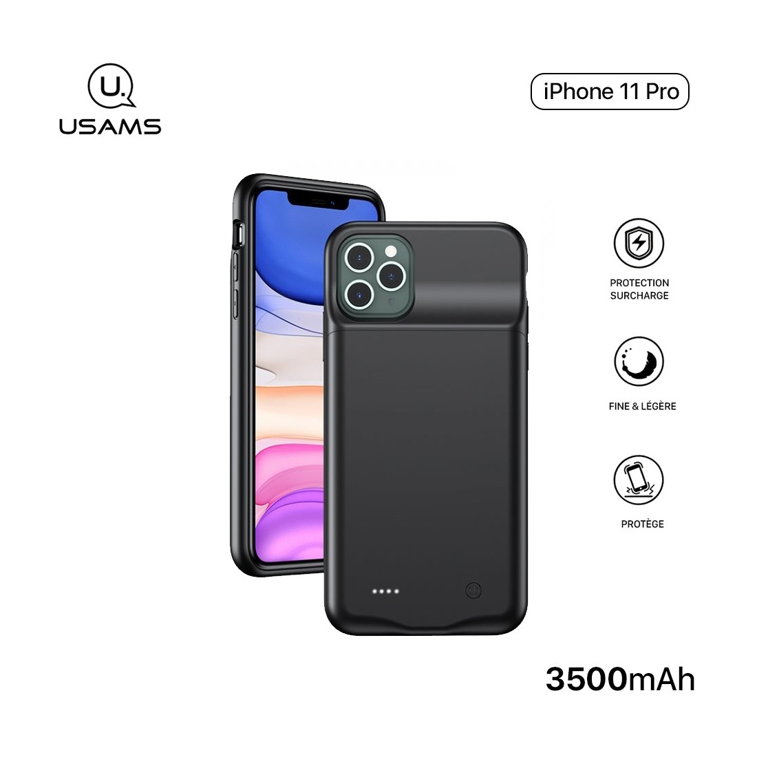 Usams Coque Batterie pour iPhone 11 Pro Max - US-CD112 -  Coque Batterie 4500mAh Fine et Légère, Ultra Sécurisée pour iPhone 11 