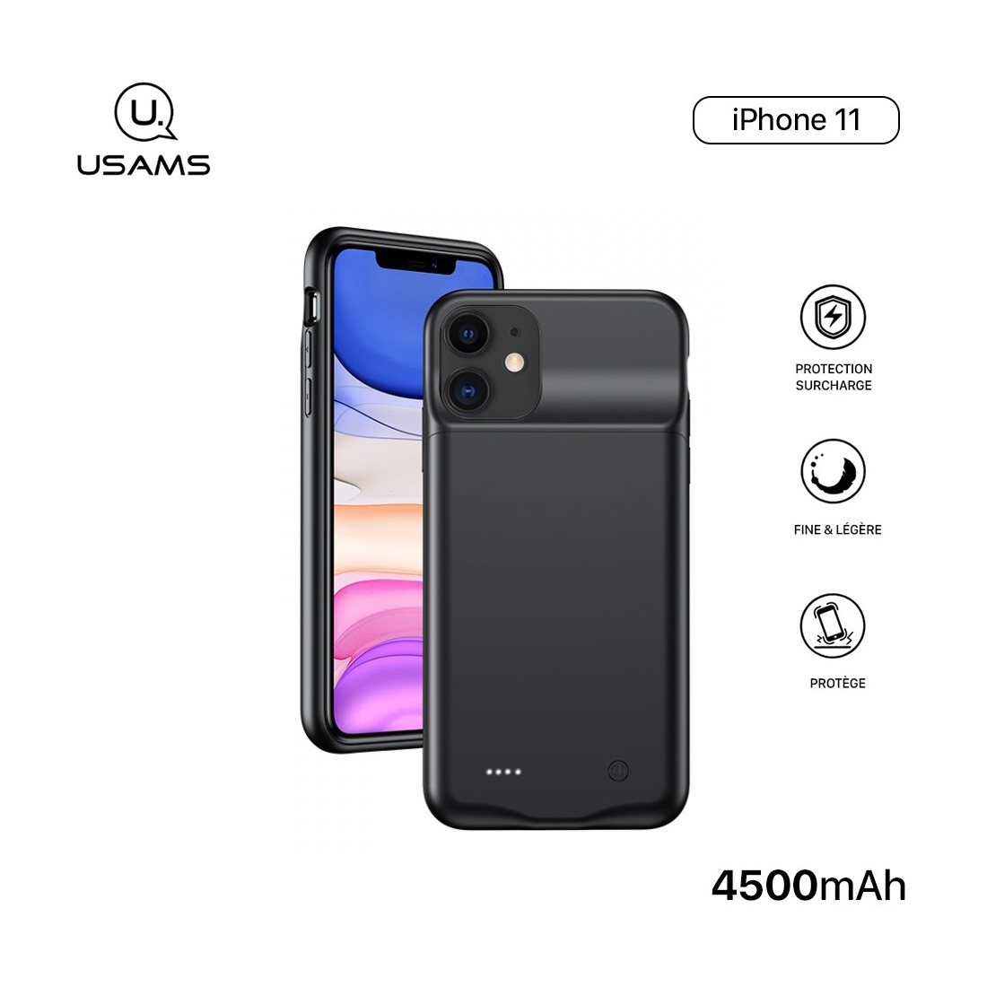 Usams Coque Batterie pour iPhone 11 Pro Max - US-CD112 -  Coque Batterie 4500mAh Fine et Légère, Ultra Sécurisée pour iPhone 11 