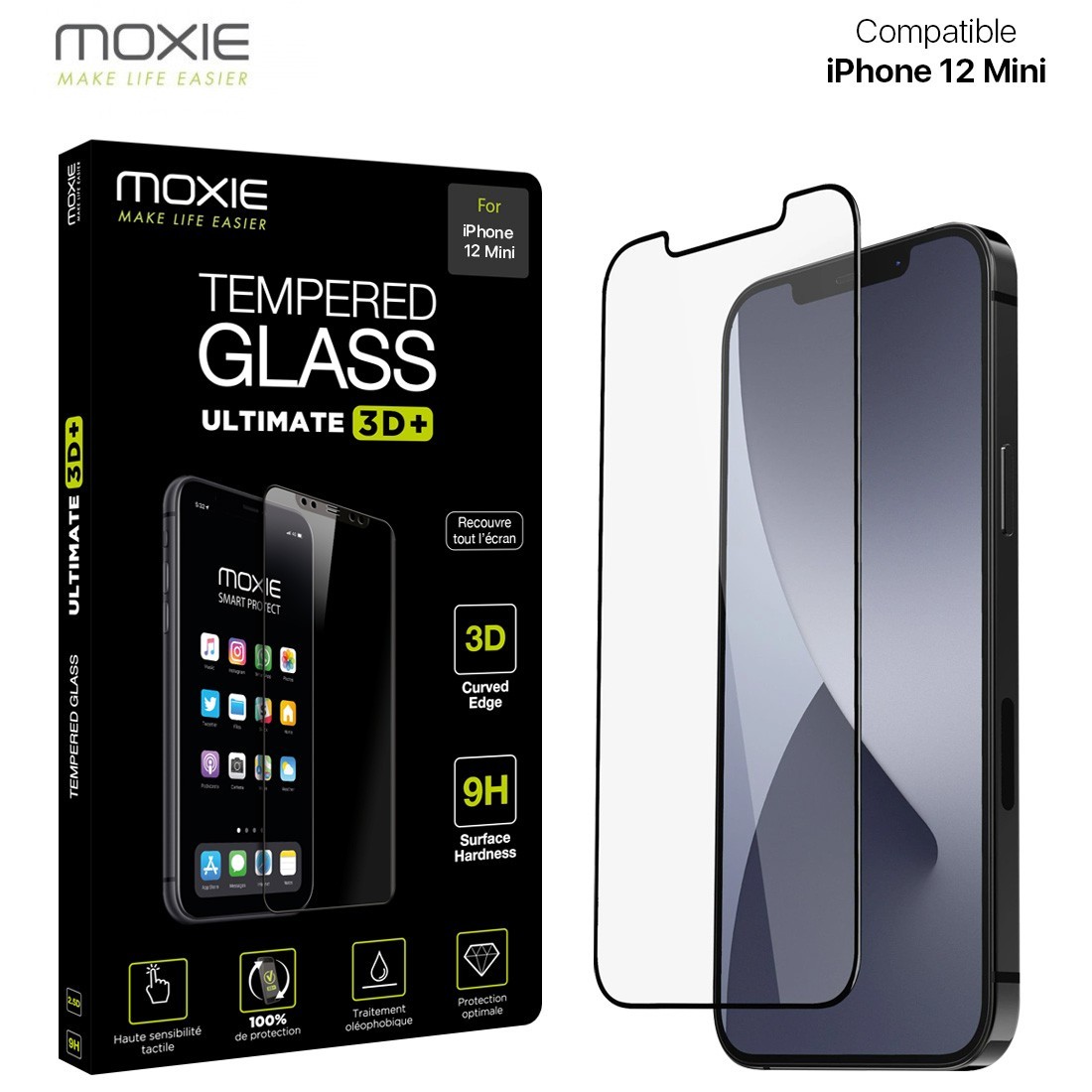 Moxie Verre Trempé iPhone 12 Mini 5.4" [Ultimate 3D+] Protection d'écran Complète en Verre Trempé 9H Ultra Clair, Anti-rayures e