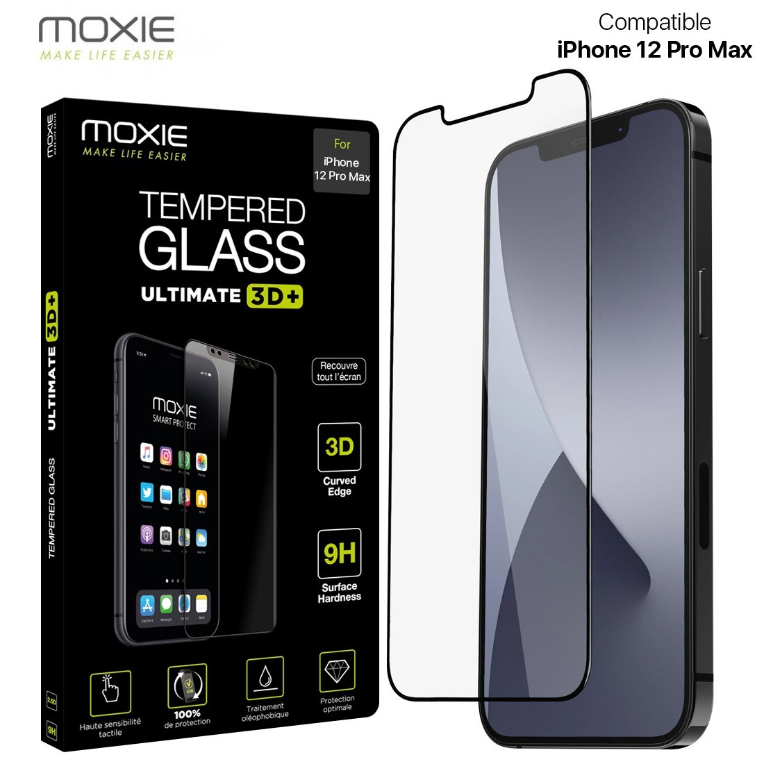 Moxie Verre Trempé iPhone 12 Pro Max 6.7" [Ultimate 3D+] Protection d'écran Complète en Verre Trempé 9H Ultra Clair, Anti-rayure