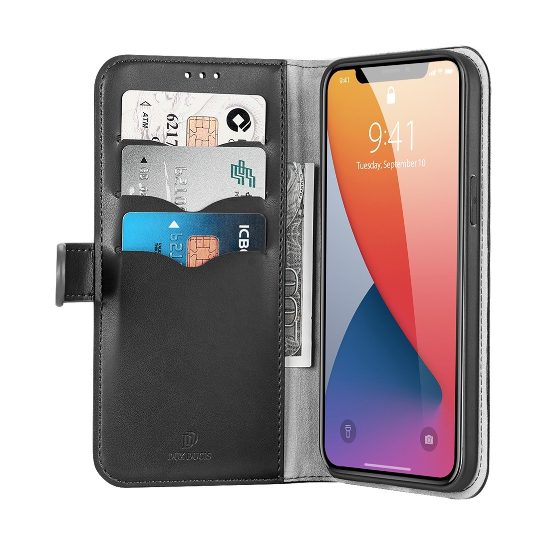Etui portefeuille DUX Ducis en cuir PU avec porte-carte et fonction vidéo pour iPhone 12 Mini - NOIR