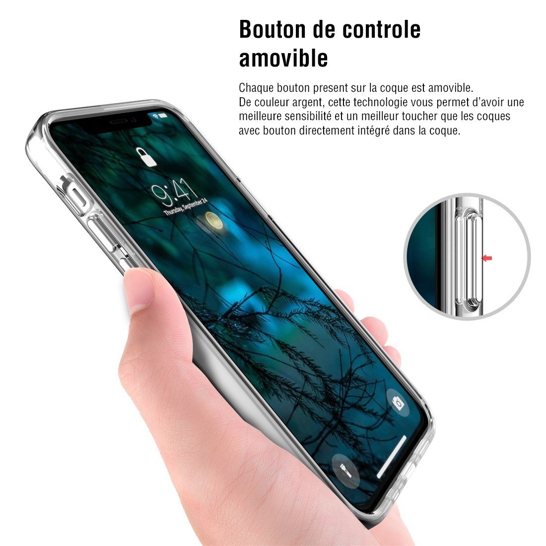 Moxie Coque renforcée transparente iPhone 12 Pro Max - Coque en TPU  Anti-chocs avec boutons de couleur - Argent