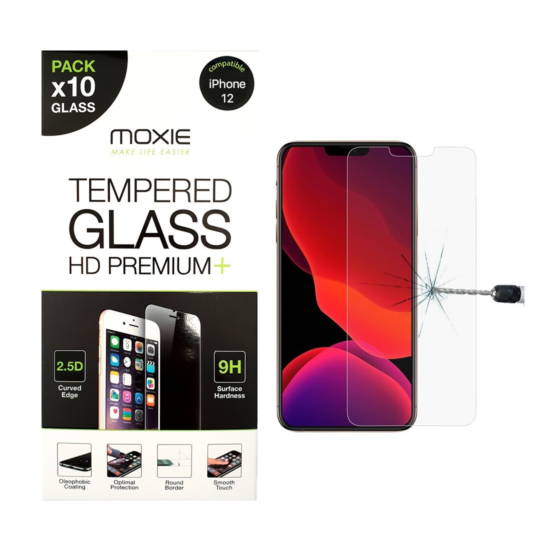 Pack x10 Protection d'écran en verre trempé iPhone 12/ 12 Pro, Moxie [Glass HD Premium+] [2.5D 9H] Film en verre véritable pour 