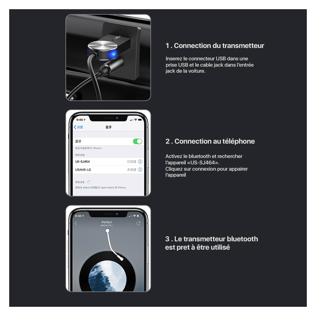 transmetteur audio Usams Bluetooth entrée Jack pour voiture SJ464
