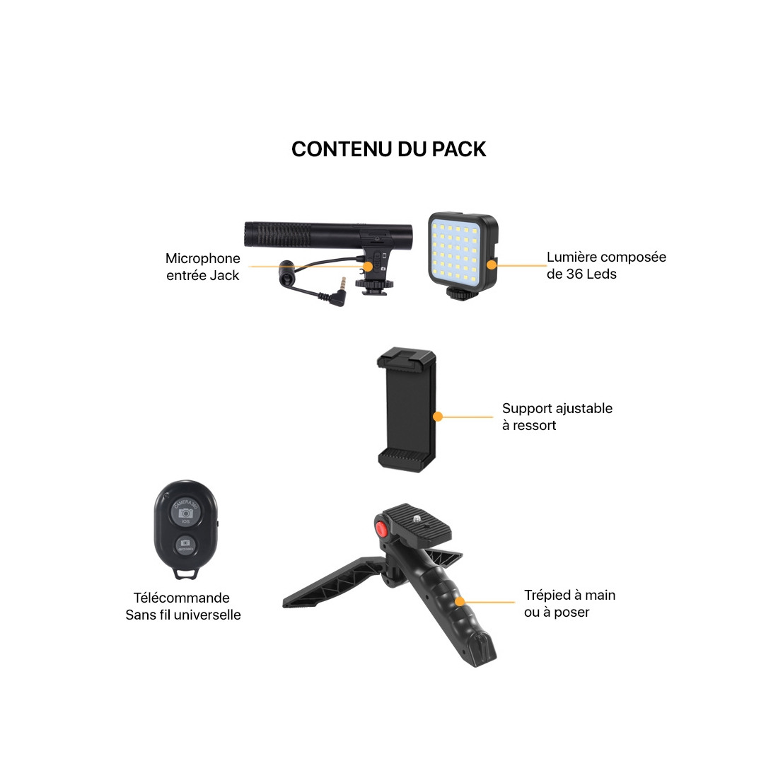 kit vidéo pour Smartphone comprenant 1 trepied ,1 micro jack et 1 lumière LED