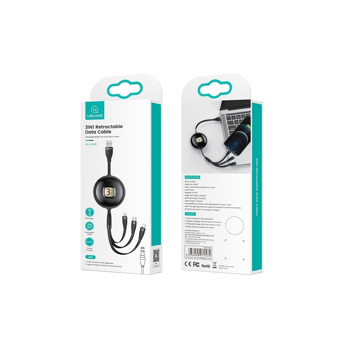 USAMS SJ508 - Câble data retractable 3 connectiques longueur 1 mètre.