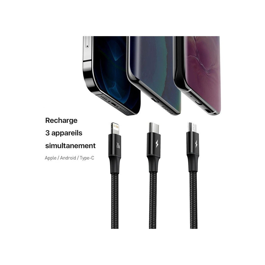 Câble 3 en 1 Moxie Triofast en nylon tressé avec entrée Type C et sortie Lightning / Micro-USB / USB Type-C Fast charge 3A -Noir