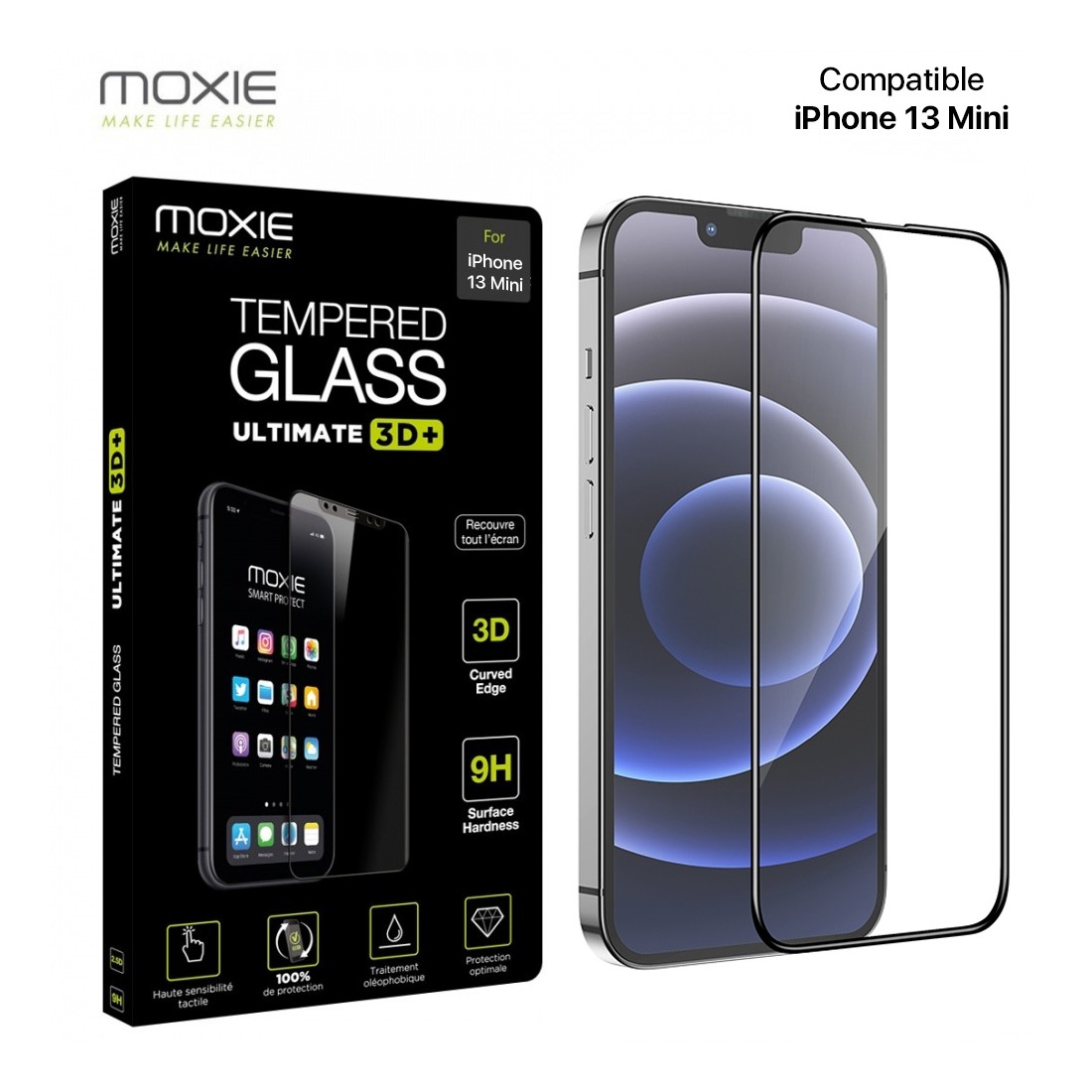 Moxie Verre Trempé iPhone 13 Mini [Ultimate 3D+] Protection d'écran Complète en Verre Trempé 9H Ultra Clair, Anti-rayures et Ant