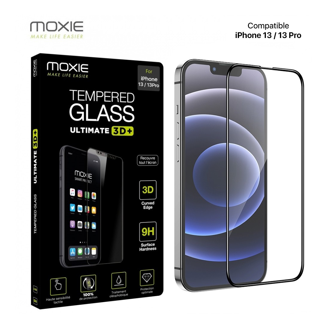 Moxie Verre Trempé iPhone 13 [Ultimate 3D+] Protection d'écran Complète en Verre Trempé 9H Ultra Clair, Anti-rayures et Anti-tra