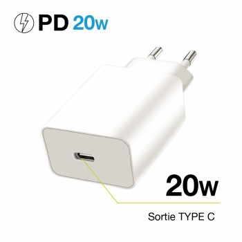 Chargeur Secteur entrée type-C Power delivery 20W + cable Type-C vers lightning 1M - sous packaging