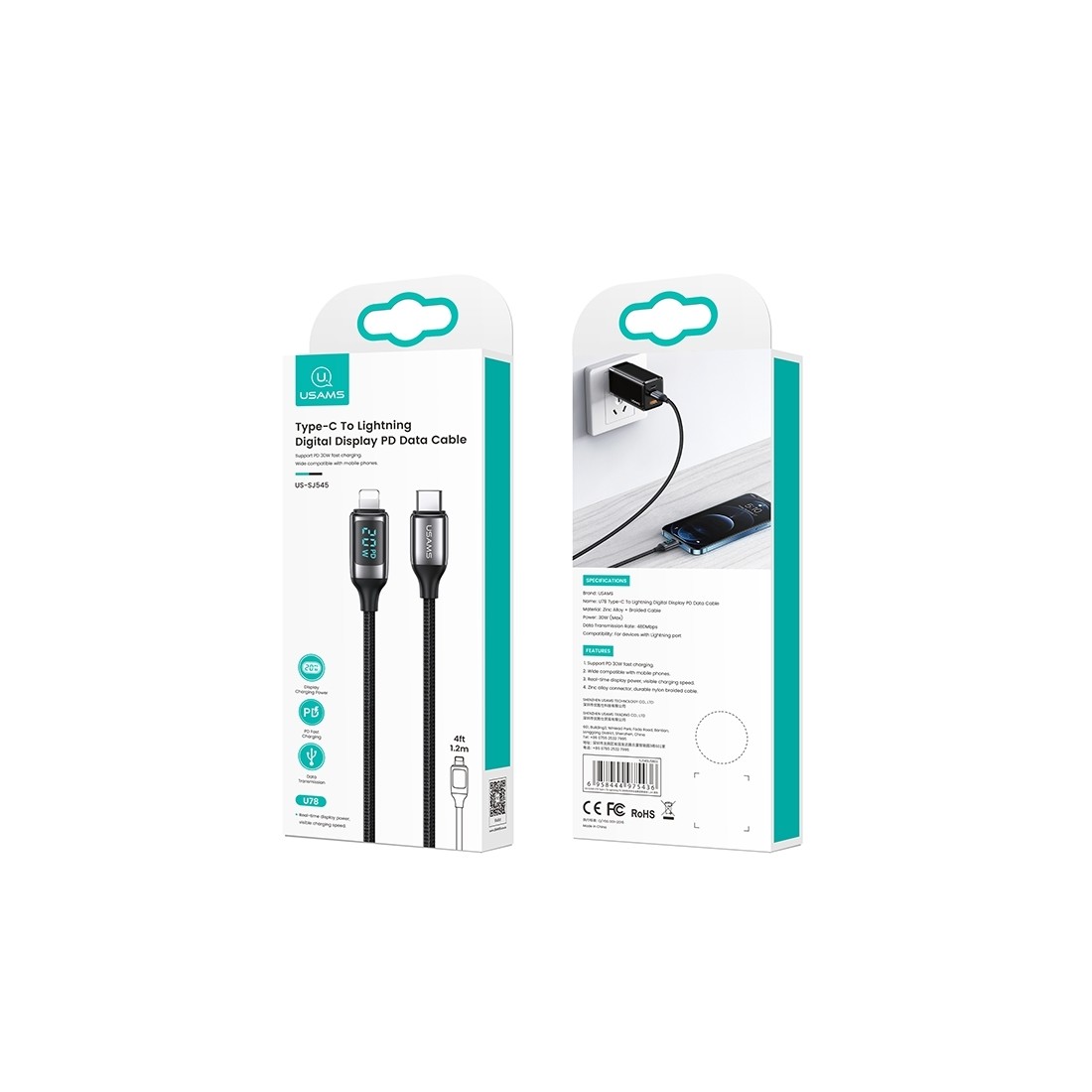 Cable data Usams Nylon Lightning vers Type-C - Fast charge avec affichage digital - Argent