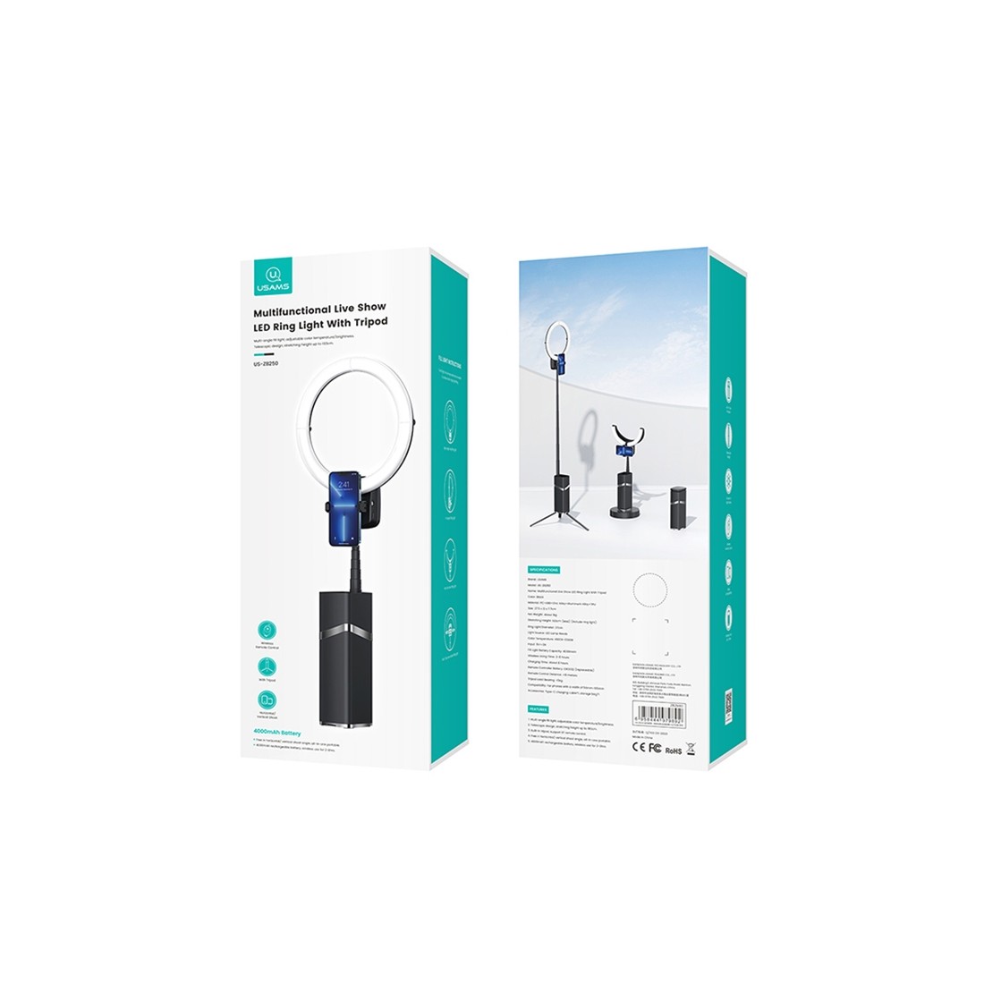 Perche Selfie LED USAMS ZB250 sur Pied téléscopique jusqu'à 1.93m et batterie de 4000 mAh
