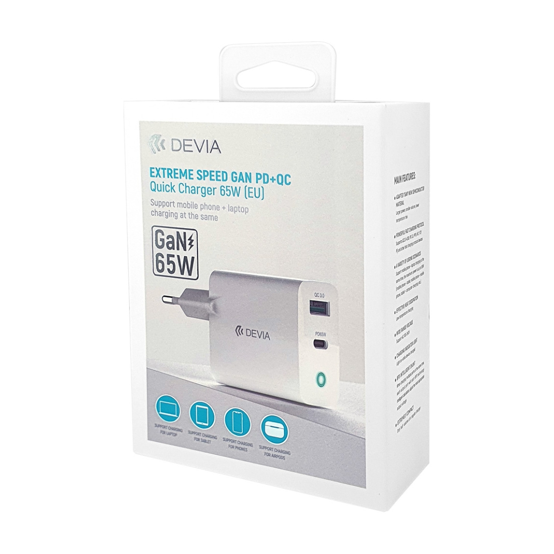 Chargeur secteur Devia Extreme Speed Gan PD + QC- double sortie type-C et USB