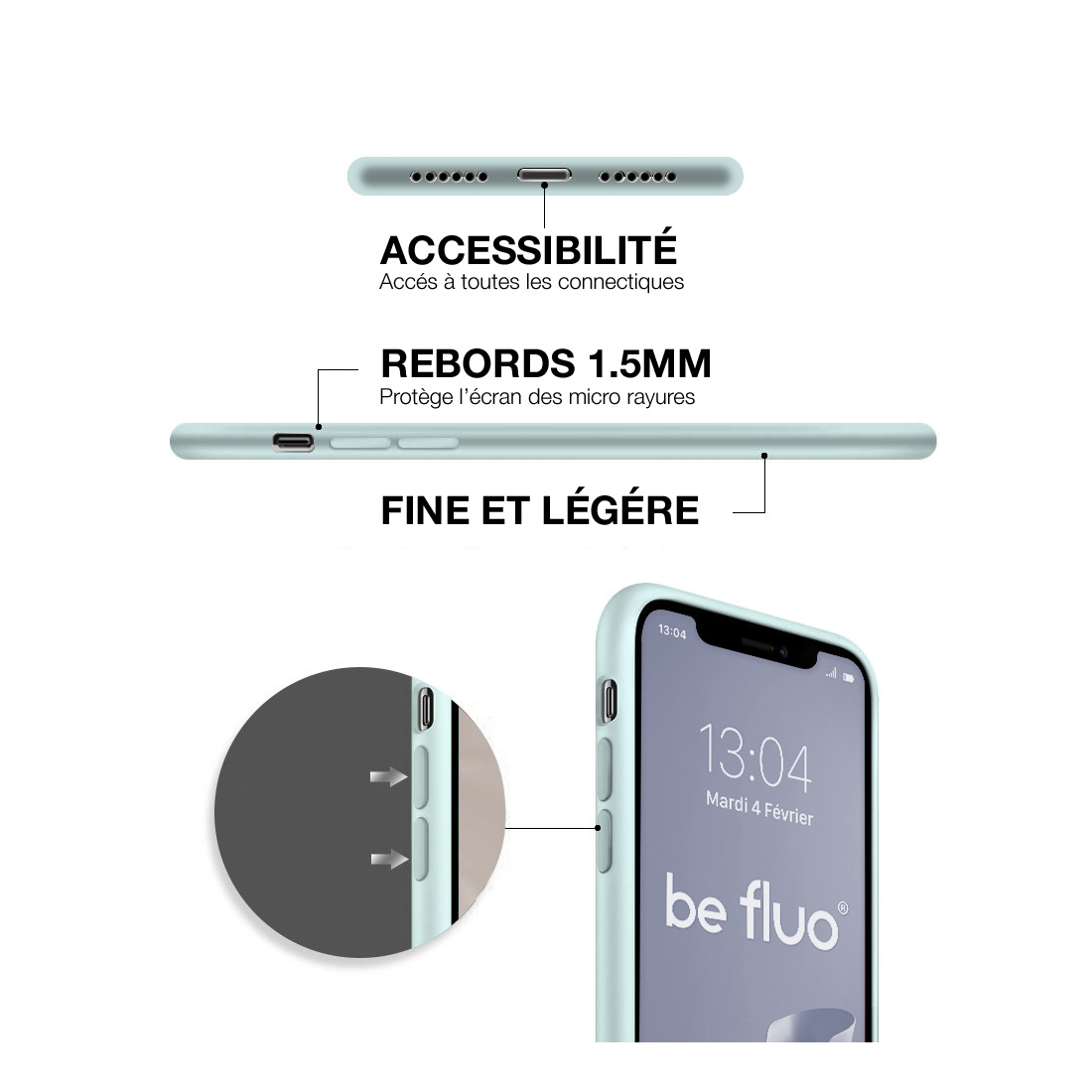 Coque Silicone Moxie BeFluo Fine et Légère pour iPhone 14 Pro, Intérieur Microfibre - Bleu glacier