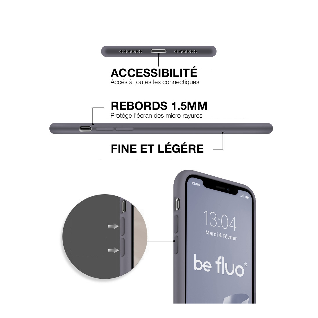 Coque Silicone Moxie BeFluo Fine et Légère pour iPhone 14 Pro, Intérieur Microfibre - Gris lavande